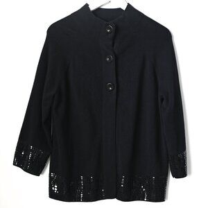 DANA BUCHMAN Black Mock Neck Buttoned Black Cardigan with Embellishments - Large